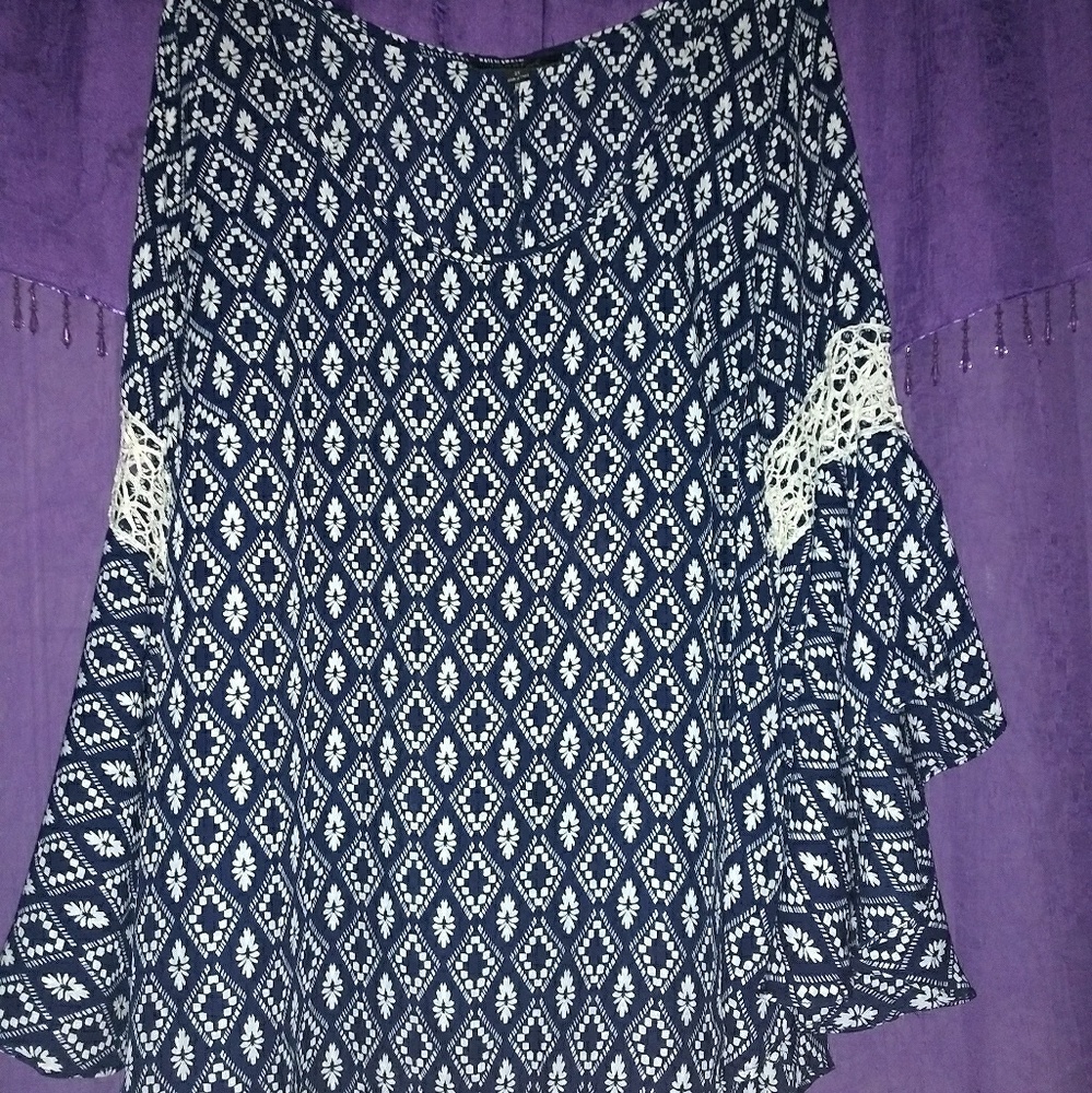 Blue and white bell sleeve blouse